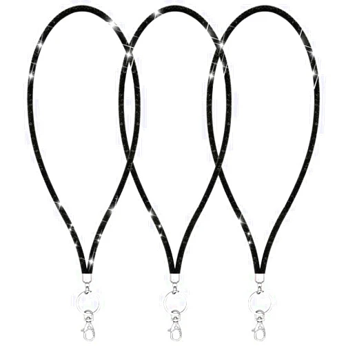 Ascrafter Black Lanyards for id Badges, Bling Rhinestone Lanyards for Keys for Women, Necklace Lanyards for Name Card Holder, 3 Pack