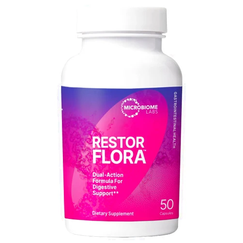 Microbiome Labs Restorflora - Probiotic Supplement with 7 Billion CFU for Gut Health + Digestive Support - Dual Action Probiotics for Men & Women (50 Capsules)
