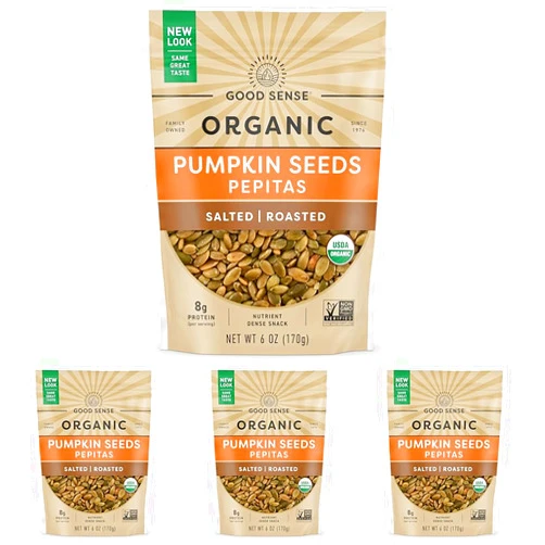 Good Sense Roasted & Salted Organic Pumpkin Seeds (Pepitas), Non-GMO & All Natural, 6 Ounce Resealable Bag (Pack of 4)
