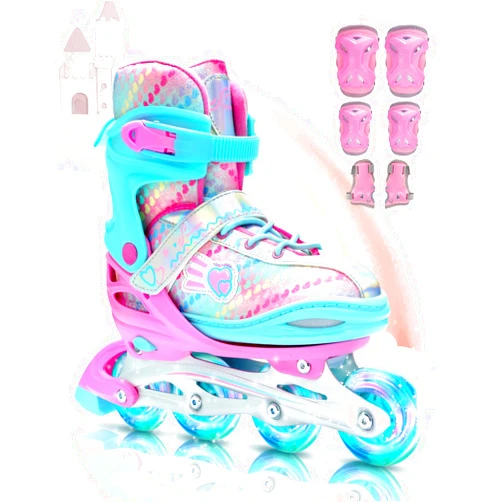 Sportneer 4 Size Adjustable Inline Skates for Girls, Kids Inline Skates Size 12C-9 with Light Up Wheels Roller Blade with Protective Gear Set for Kids Girls Women Beginners Indoor & Outdoor Use