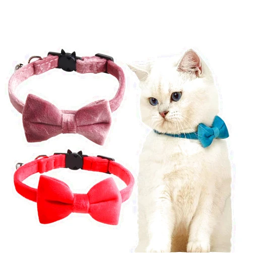 JiangYanus 2 Pack Breakaway Cat Collars with Bell and Bowtie Comfortable Velvet Cat Collar with Cute Safety Buckle Adjustable Pet Collar for Kitty Kitten Puppy Neck Accessories for Daily Wearing Kitten