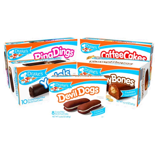 Drake's Variety Pack, 1 Box Each Of Coffee Cakes, Devil Dogs, Pound Cakes, Ring Dings, and Funny Bones, 40 Piece Assortment