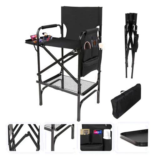 Zenicham Tall Directors Chair, Folding Makeup Chair with Folding Tabletop Storage Bags for Makeup Artists to Keep Makeup Cases and Brushes, Oversized Portable Camping Chair for Outside Knee Protection