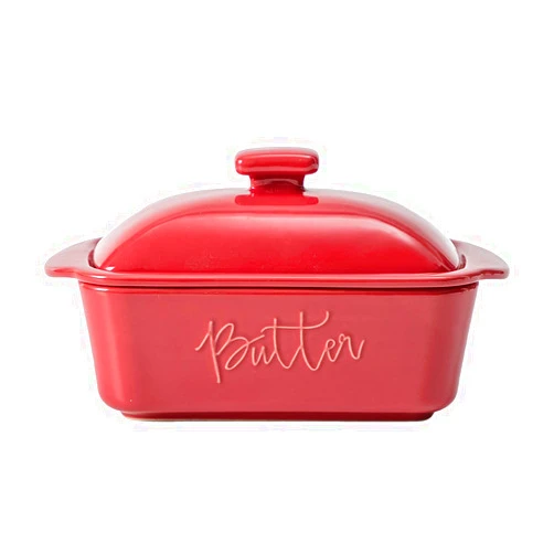 FE FUN ELEMENTS FE Butter Dish, 10 oz Ceramic Butter Keeper with Water Line, French Butter Dish with Lid for Countertop (Apple Red)