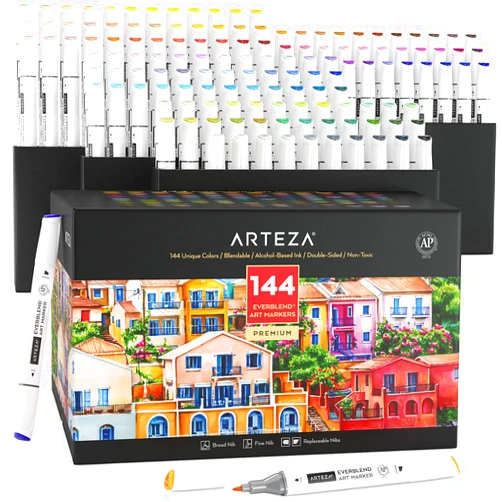 ARTEZA Art Alcohol Markers Set of 144 Colors, EverBlend Dual Tip Markers with Organizer Box, Broad Chisel Tip and Fine Nib