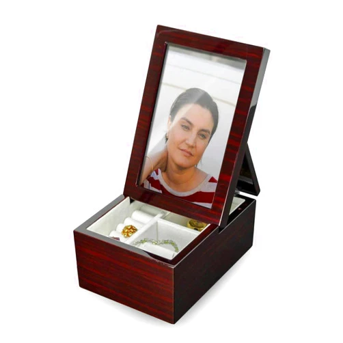 MusicBoxAttic Ultra-Modern Music Box with Fold-Up Photo Frame - Solid Wood Jewelry Box with Compartment with Picture Frame (6 X 4) - Many Songs to Choose - Away in a Manger