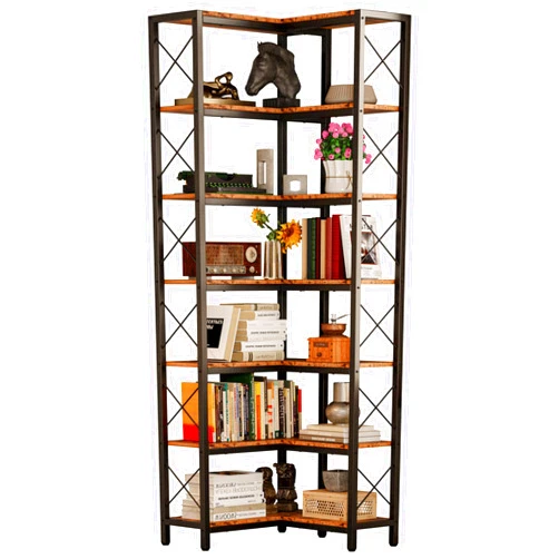 IRONCK Corner Bookshelf, 7-Tier Industrial Corner Bookcase, Tall Corner Shelf Storage Display Rack with Metal Frame for Living Room Home Office, Vintage Brown