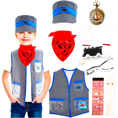 Flotory 10 Pcs Kids Train Engineer Costume Set Train Driver Cap Vest and Whistle Train Conductor Dress Up Kit for Boys Girls Halloween Cosplay Day Pretend Party