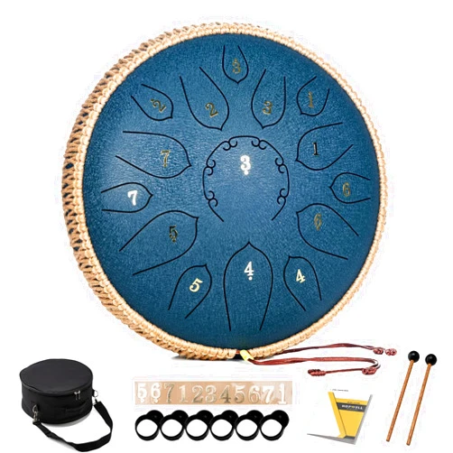 HOPWELL Steel Tongue Drum - 15 Note 12 Inch Tongue Drums - Percussion Instruments - Hand Pan Drum with Music Book, Drum Mallets and Carry Bag, D Major, Navy Blue
