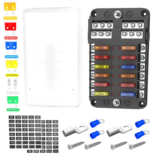 DaierTek 12 Way Fuse Block, 12 Volt Blade Fuse Block with LED Indicator 12 Circuit Fuse Box 12V ATO/ATC Marine Fuse Panel 24V with Waterproof Cover Fuse Terminals for Automotive Boat Car RV
