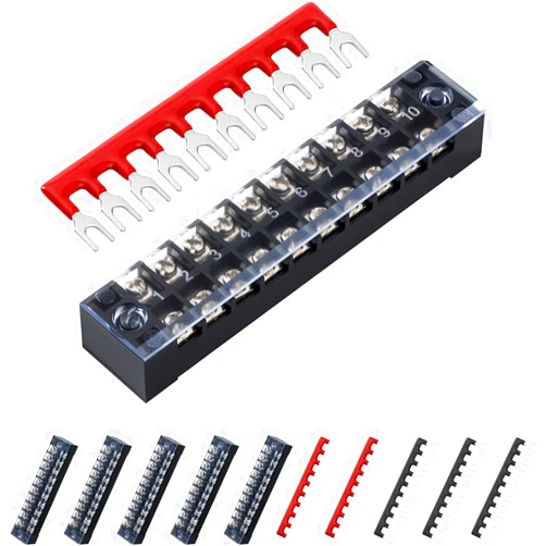 JANDECCN 6Pcs 10 Position Dual Row Covered Screw Terminal Strip 600V 15A and 6Pcs Pre-Insulated Fork Terminal Barrier Strip 400V 15A (10P + Jumper 6 Sets)