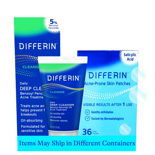 Differin 5% Benzoyl Peroxide Cleanser and Patch Set: 36 Power Patches, 18 large and 18 small pimple patches for acne-prone skin and Daily Deep Cleanser with 5% Benzoyl Peroxide, Mother's Day Gifts