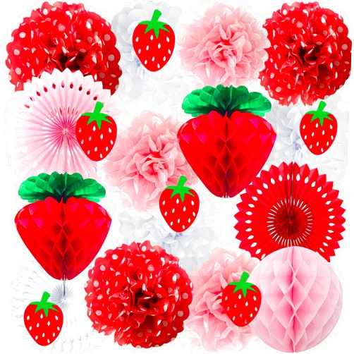 ANSOMO Strawberry Party Decorations Red Pink White Tissue Pom Poms Fans Honeycom Balls Lanterns Garland Classroom Berry Sweet Fruits 1st One Birthday Bridal Baby Shower Décor Supplies Girls