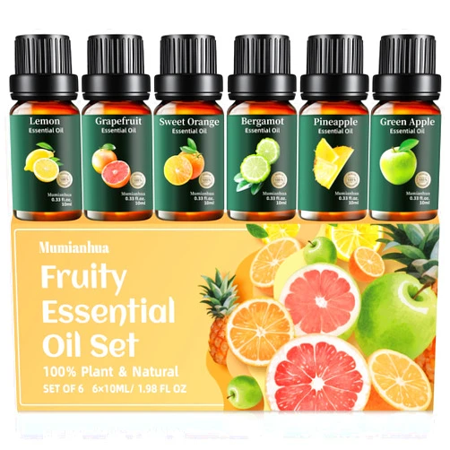 Mumianhua Fruity Essential Oils Set Pure, Mumianhua Lemon, Grapefruit, Orange, Bergamot, Pineapple, Green Apple Natural Aromatherapy Oil for Diffuser, Humidifier, Candle&Soap Making 6x10ml Vitality Morning Set