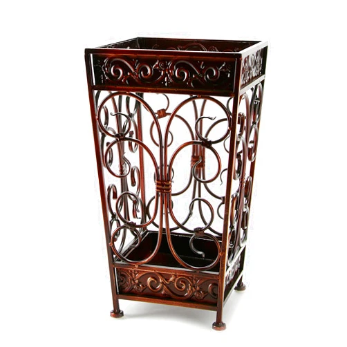 Brelso Super Quality Umbrella Stand, Umbrella Holder, Antique Look Metal, Entry Hallway Décor, Square Style, w/Removable Drip Tray. (Red-Brown)