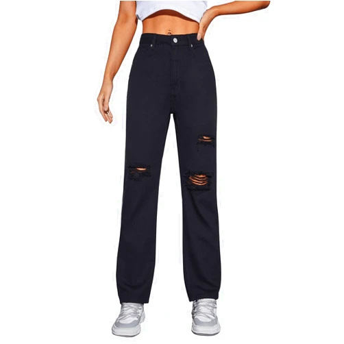 SweatyRocks Women's Casual High Waisted Ripped Pants Cut Out Straight Leg Pants Trousers