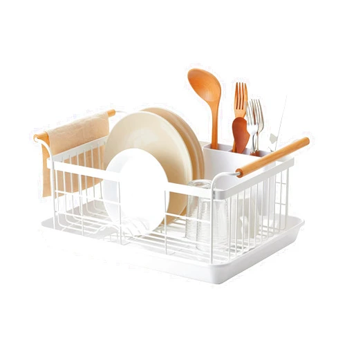 Yamazaki Home Dish Rack with Removeable Drainer Tray, Kitchen Counter Dish Drying Organizer Holder Steel + Wood One Size White