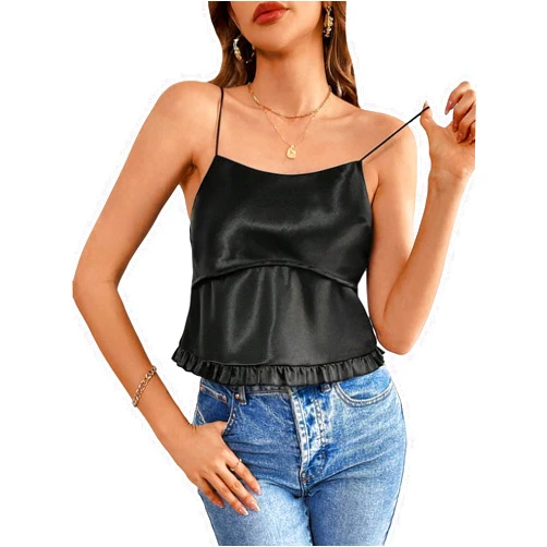 SweatyRocks Women's Flared Hem Spaghetti Strap Satin Camisoles Sleeveless Backless Cami Tank Top