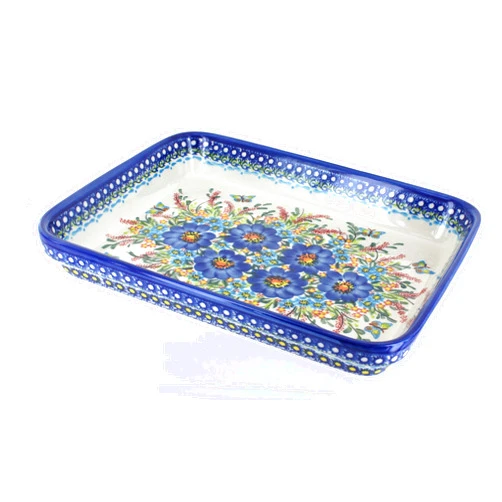 Blue Rose Pottery Blue Rose Polish Pottery Garden of Blue Large Rectangular Baker