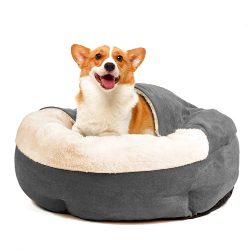 ShinHye Small Dog Bed .Round -Cover Dog Cave Bed, Anti-Anxiety Burrow Cat Bed with Hooded Blanket,Cozy Puppy Bed Machine Washable (23 * 23 * 6 in, Grey)