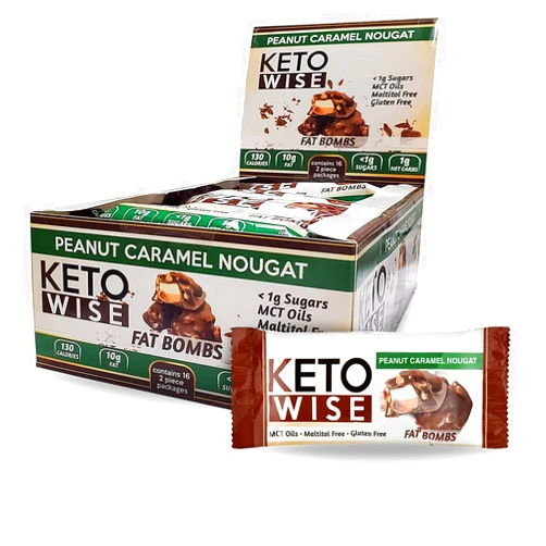 Keto Wise Fat Bombs - Made with Chocolate containing MCT Oil - Low Fat, Low Carb and Keto Friendly Snack - 7g Fat, 2g Net Carbs | Peanut Caramel Nougat, Pack of 16