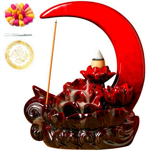 GARMOLY Moon Incense Burner with 60 Incense Cones + 30 Incense Stick, Ceramic Waterfall Incense Burner, Backflow Incense Holder for Aromatherapy Ornament Home Decor (Red)