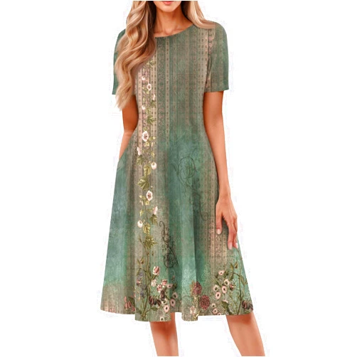 TWGONE Women's Fit and Flare Dress Summer Short Sleeve Casual Elegant Vintage Floral A-Line Midi Dresses with Pockets