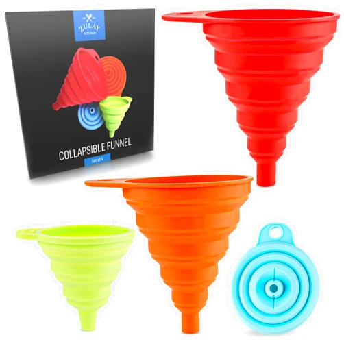Zulay Kitchen Zulay (Set of 4) Silicone Funnels - Space Saving Collapsible Funnel Set with Narrow Mouth - Flexible Foldable Kitchen Silicone Funnel for Transferring Liquids & Filling Bottles (2 Small & 2 Large)