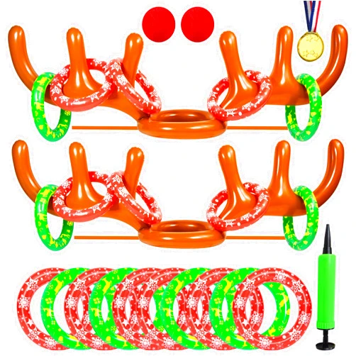Hapdoop 2-4 Players Inflatable Reindeer Antler Ring Toss Game for Christmas Party - Game Rules Included (2 Antlers 10 Rings)