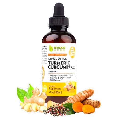 Maxx Herb Liquid Turmeric Curcumin - Liposomal Turmeric Supplement with Black Pepper BioPerine & Ginger - Max Strength Extract for Joint Health & Digestion – 4 Oz Bottle (60 Servings)