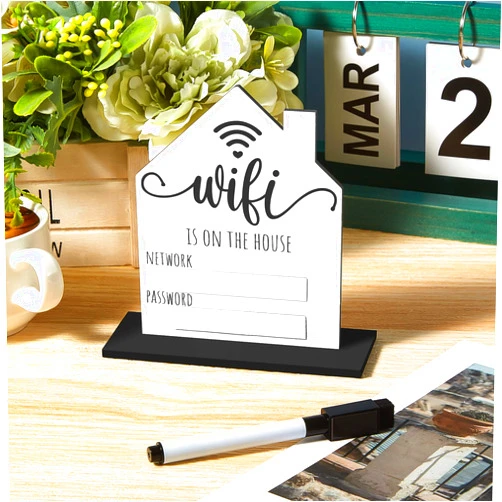 Yookeer Compatible with Wifi Password Sign Wooden table Rustic Guest Room Compatible with Wifi Sign with Whiteboard, Board Erasable Pen, Stand, Hook for Home Desk Wall Hanging (Medium, 7.87 x 5.9 Inch)