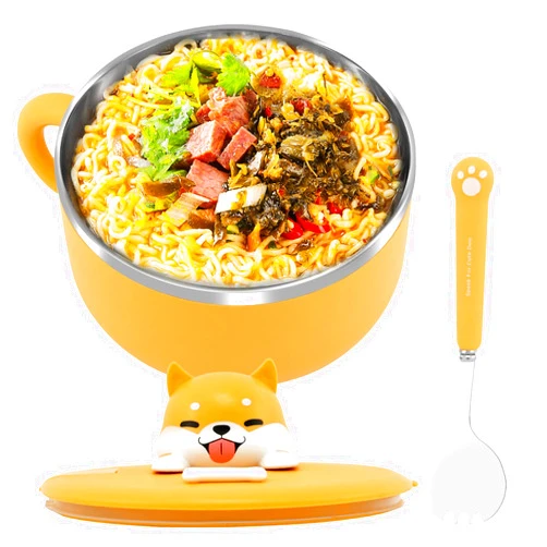 KTZCTPCA Cute Dog Instant Ramen Noodle Bowl, 304 Stainless Steel Noodle Bowls with lids, 40.6 OZ Ramen Bowl with Handle and Spoon for Udon, Miso, Thai, or Pho Soup, Microwave Safe