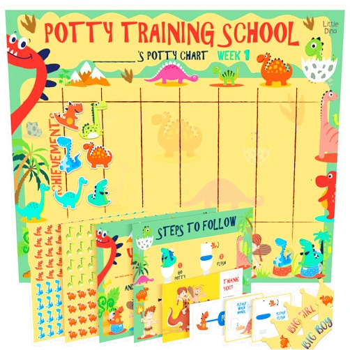 ATHENA FUTURES Potty Training Chart for Toddlers - Dinosaur Design - Sticker Chart, 4 Week Reward Chart, Certificate, Instruction Booklet - for Boys and Girls (Dinosaur Design with Kids Cartoon)