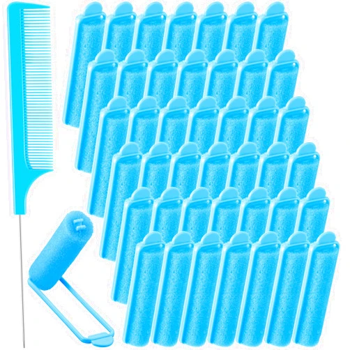 Syhood 43 Pieces Foam Sponge Hair Rollers Set, Soft Sleeping Hair Curlers 0.59 Inch Flexible Hair Styling Sponge Curler and Stainless Steel Rat Tail Comb Pintail Comb for Hair Styling (Dark Blue)