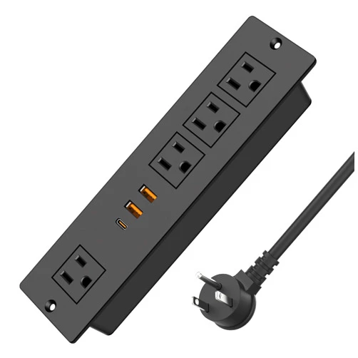 VILONG Recessed Power Strip with PD 20W USB-C, Flush Mounted Drawer Outlet, 4 Outlets & 3 USB Ports, Conference Desktop Built in Power Strip, 6.5FT Extension Cord(Black)