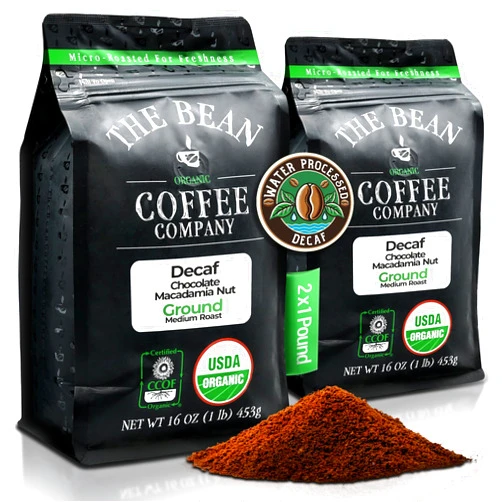The Bean Coffee Company The Bean Organic Coffee Company Water Processed DECAF Chocolate Macadamia Nut, Medium Roast, Ground Coffee, 16-Ounce Bags (Pack of 2), Café Molido Tostado Orgánico descafeinado