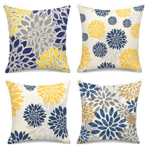 Sanwarm Throw Pillow Covers Home Decor Set of 4 Pillow Cases Decorative 16 x 16 Inches Outdoor Cushion Couch Sofa Pillowcases Spring Floral Blue Yellow Navy