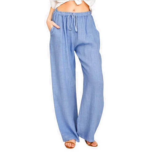 Generic Wide Leg Linen Pants for Women Summer Casual Plus Size High Waist Drawstring Palazzo Pants Loose Comfy Trousers