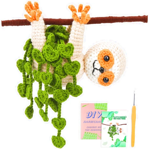WONVOC Crochet Starter Kit, Beginner Crochet Kit for Adults, Step-by-Step Instructions and Video Tutorial, with Crochet Hook, Yarn, Polyester Fiber, Stitch Markers, Floral Wire, Plastic Eyes,Sloth