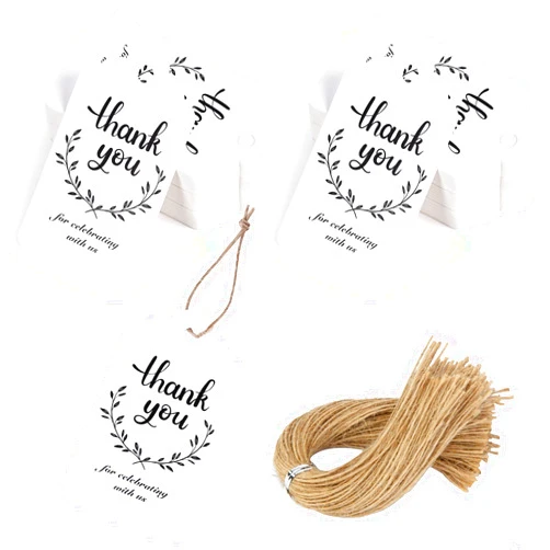 SallyFashion 200PCS Thank You Tags, White Gift Tags with String Paper Tags Hanging Label for Wedding Bridal Party Baby Shower Invitation Thanksgiving