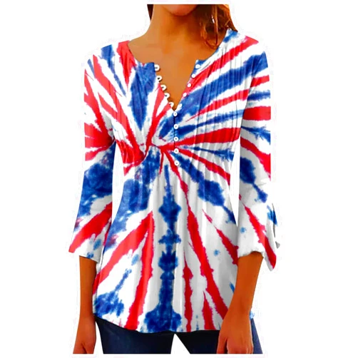 Shusuen Button Down Pleated Shirts for Women Print Tunic Summer Tops Dressy Casual Bell 3/4 Sleeve V Neck Spring Blouses