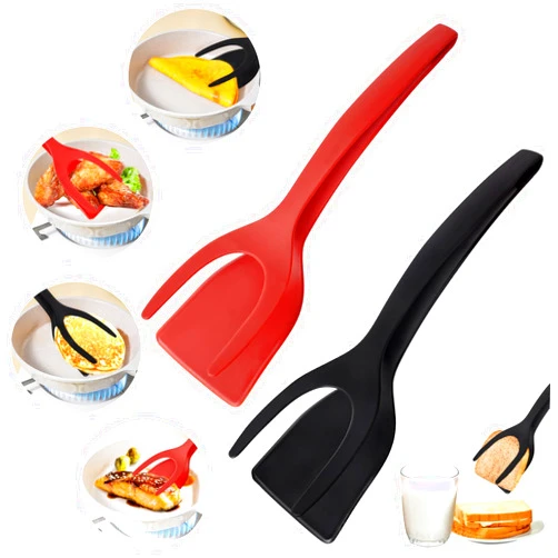 TeePolly 2Pcs Egg Flipper Spatula, 2 in 1 Grip and Flip Spatula Tongs, Multi-purpose Non-Stick Kitchen Spatula Tong Grill Clamp for Kitchen Cooking Baking（Black and Red）