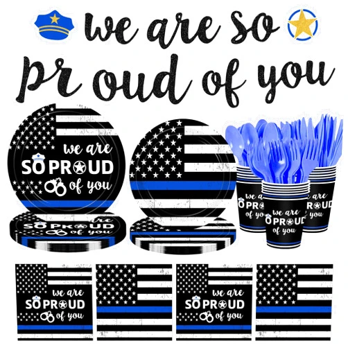 WISSLERMER 142Pcs Police Academy Graduate Party Supplies We Are So Proud Of You Police Theme Plates and Napkins Congrats Officer Party Decorations for Police Retirement Grad Graduation Promotion Party Serves 24