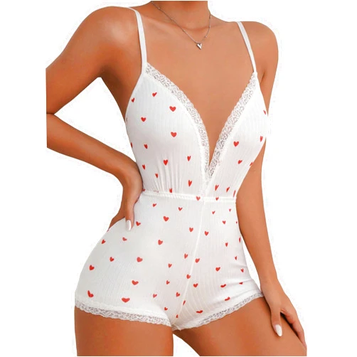 RoseSeek Women's Sexy Heart Print V Neck Shorts Sleeveless One Piece Pajama Romper Bodycon Cami Sleepwear Overall