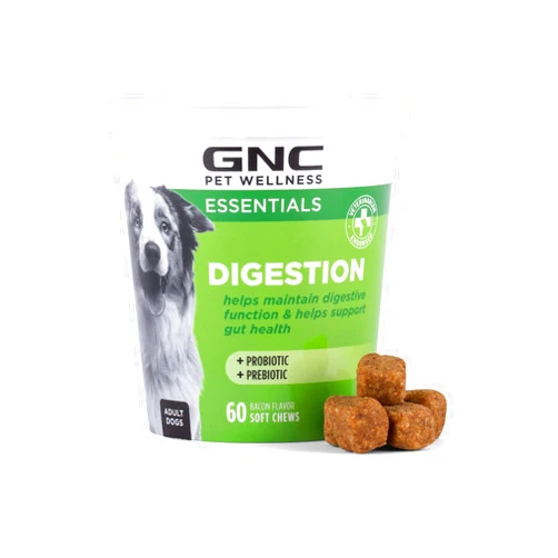 GNC Pets Essentials Digestion Dog Supplements, Probiotic Support Soft Chews in Bacon Flavor for Dogs, Daily Digestion Aid in Reusable Container - Puppy & Adult Pet Health Supplement, 60 Count
