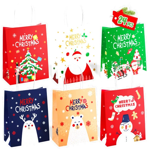 ILEBYGO 24 PCS Christmas Paper Gift Bags with Assorted Designs, Christmas Kraft Gift Bags with Handles for Xmas School Classrooms Party Supplies (24 Large)