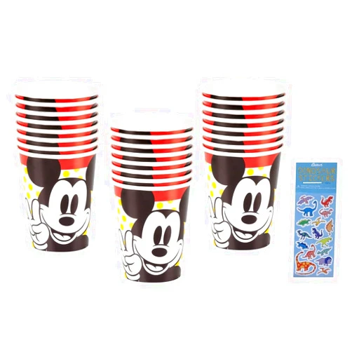 Unique Mickey Mouse Birthday Party Supplies Bundle Pack includes 24 Party Paper Cups and 1 Dinosaur Sticker Sheet