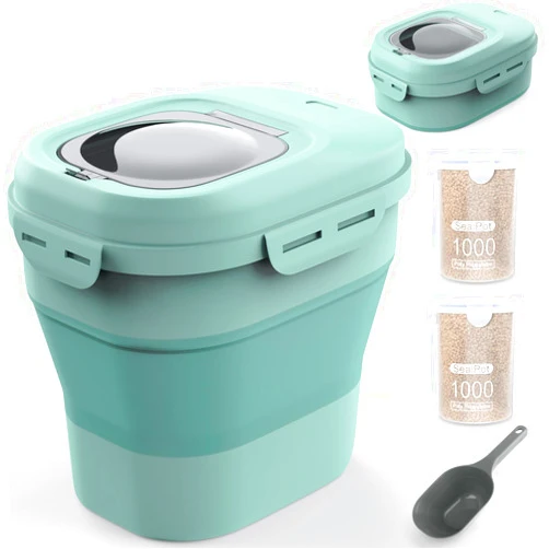 Pafino Food Storage Containers, Collapsible 20 to 50 Lbs Cereal Rice Container Dispenser with Rolling Wheel Airtight Locking Lid,Flour Storage Container with Cup and Scoop For Dog Pet Flour Sugar