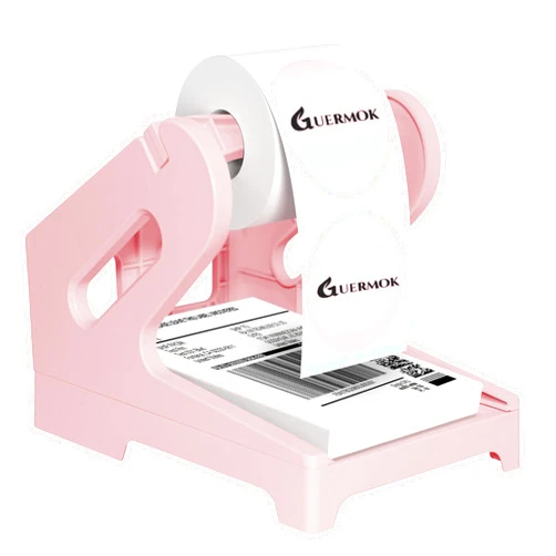 Guermok Thermal Shipping Label Holder for Rolls & Fan-Fold, Fragile Stickers for Shipping, Label Stand Desktop Printer Holder-Home Office Accessory Sticker Dispenser for Holographic (Pink)