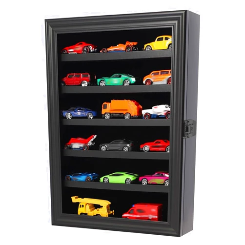 PKHROR Toy Cars Display Case 1/64 Scale Diecast Car Display Case Wall Mount Model Car Display Storage Cabinet Lockable with Real Glass & Removable Shelf Rack -Black